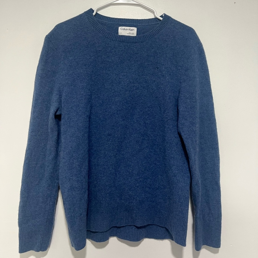 Calvin Klein 100% Wool SZ Large Classic Blue Crew Neck Sweater
